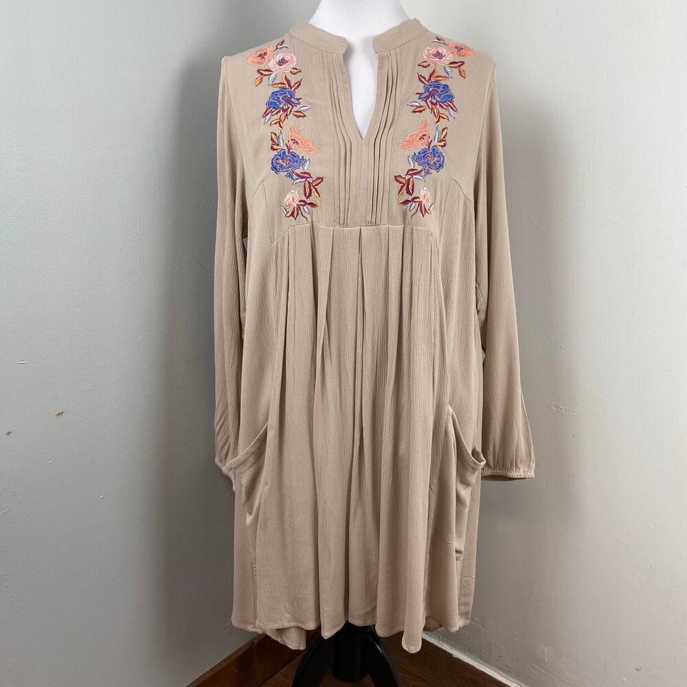 AnnaBelle Boho Floral Embroidered Long Sleeve Shift Shirt Dress Large